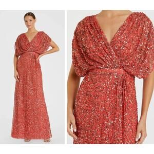 Mac Duggal 5640 Red Size 16 Sequined Maxi Gown V Neck Draped Sleeve Dress NWT